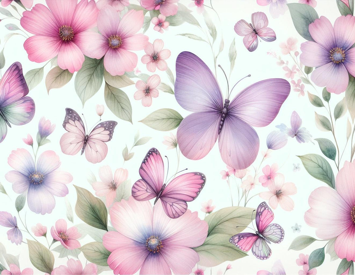 Papier peint papillons et fleurs violettes