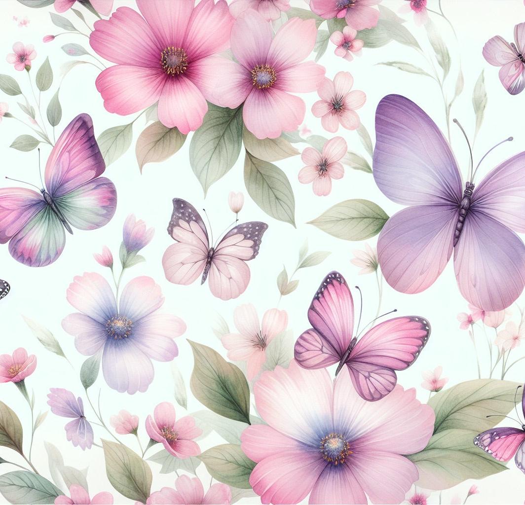 Papier peint papillons et fleurs violettes