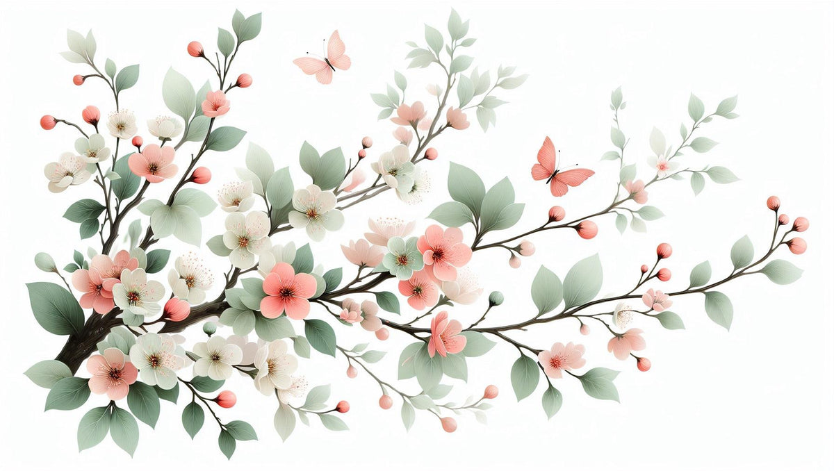 Papier peint papillons et fleurs de cerisier