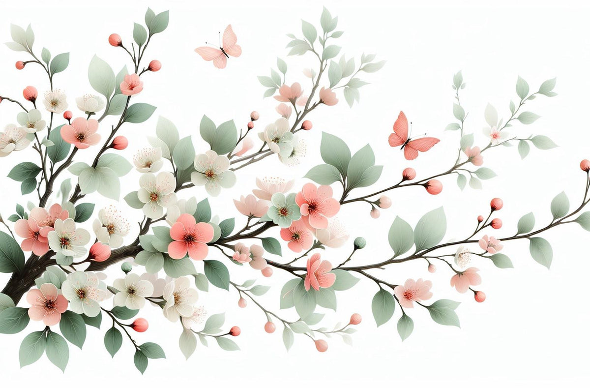 Papier peint papillons et fleurs de cerisier