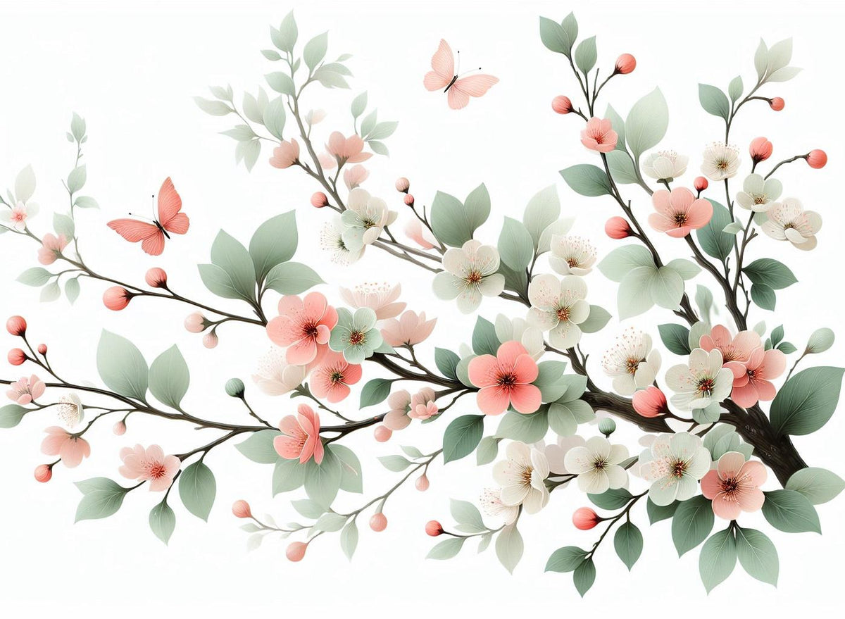 Papier peint papillons et fleurs de cerisier