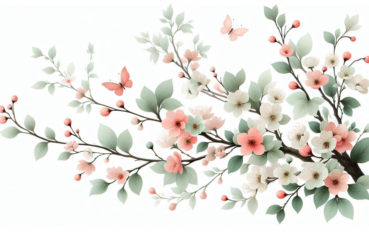 Papier peint papillons et fleurs de cerisier