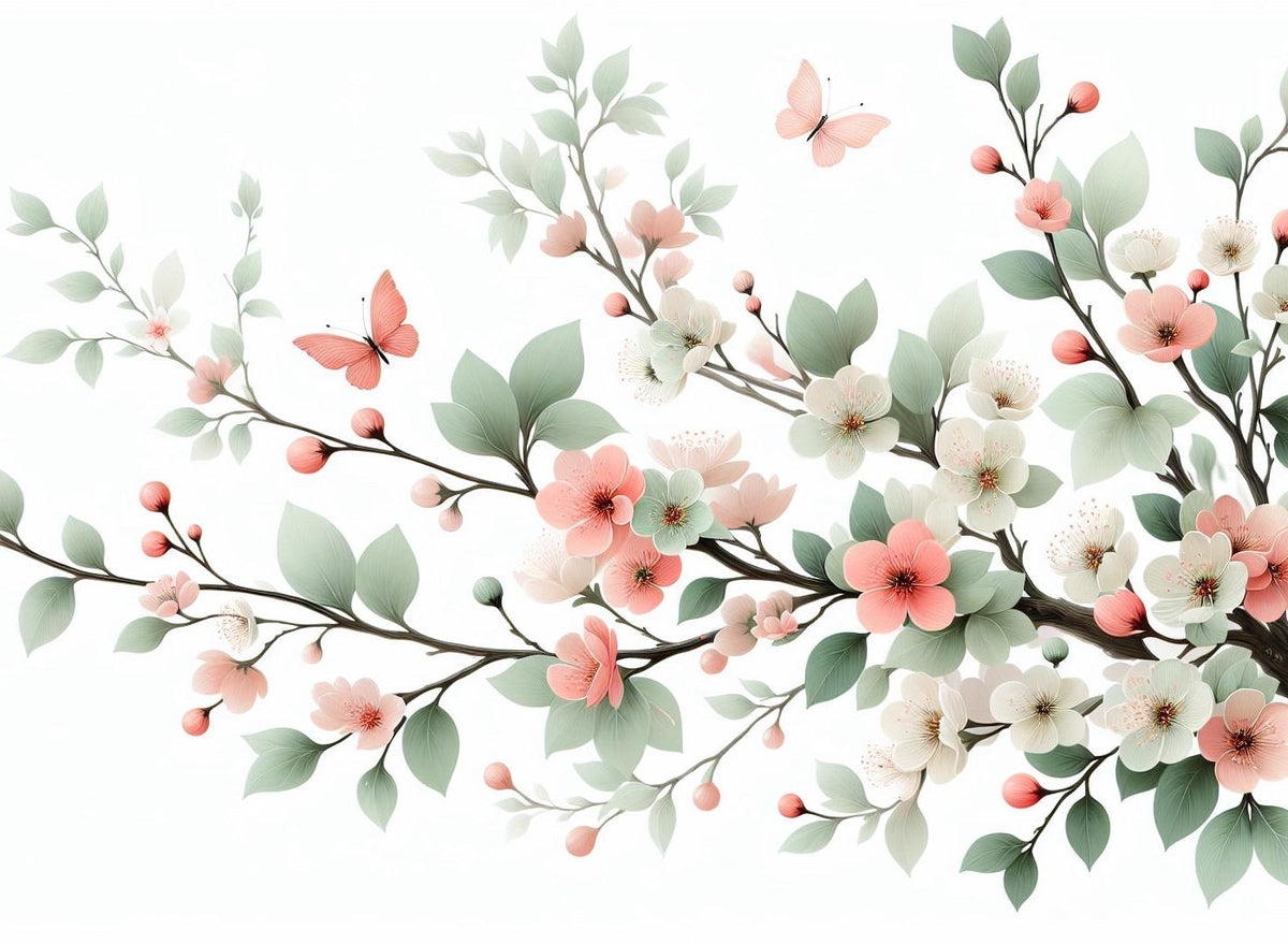 Papier peint papillons et fleurs de cerisier