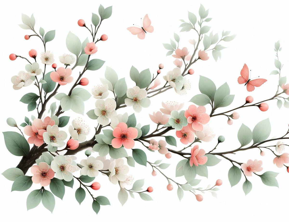 Papier peint papillons et fleurs de cerisier