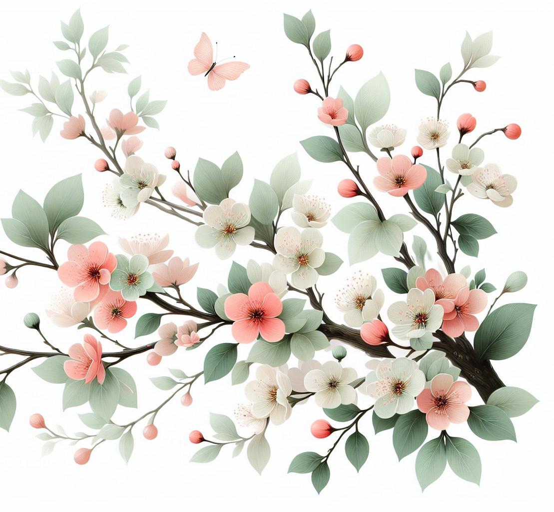 Papier peint papillons et fleurs de cerisier