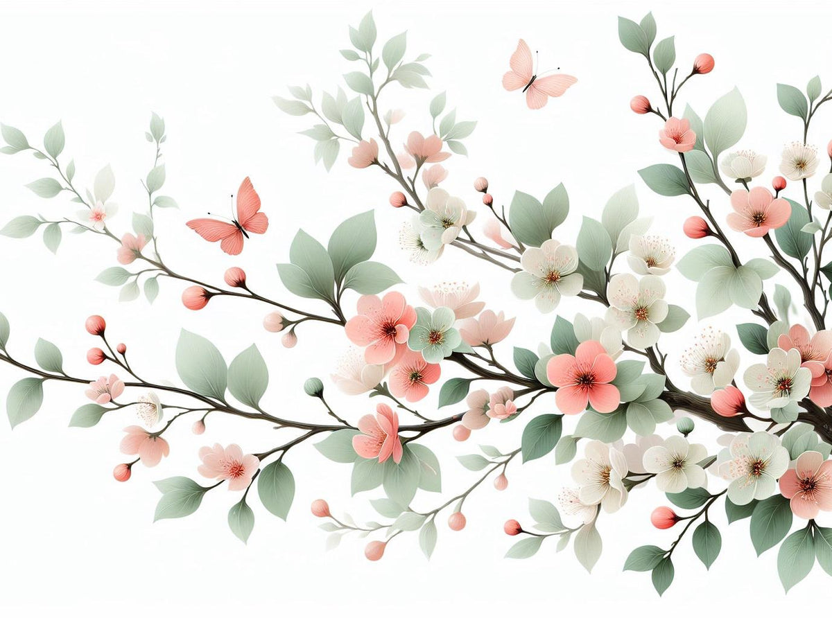 Papier peint papillons et fleurs de cerisier