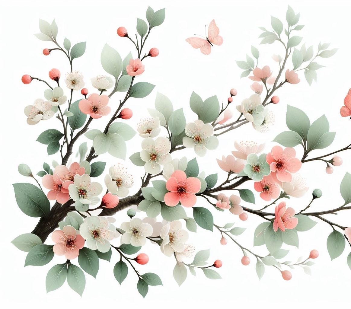 Papier peint papillons et fleurs de cerisier