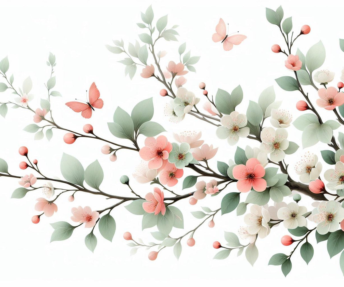 Papier peint papillons et fleurs de cerisier