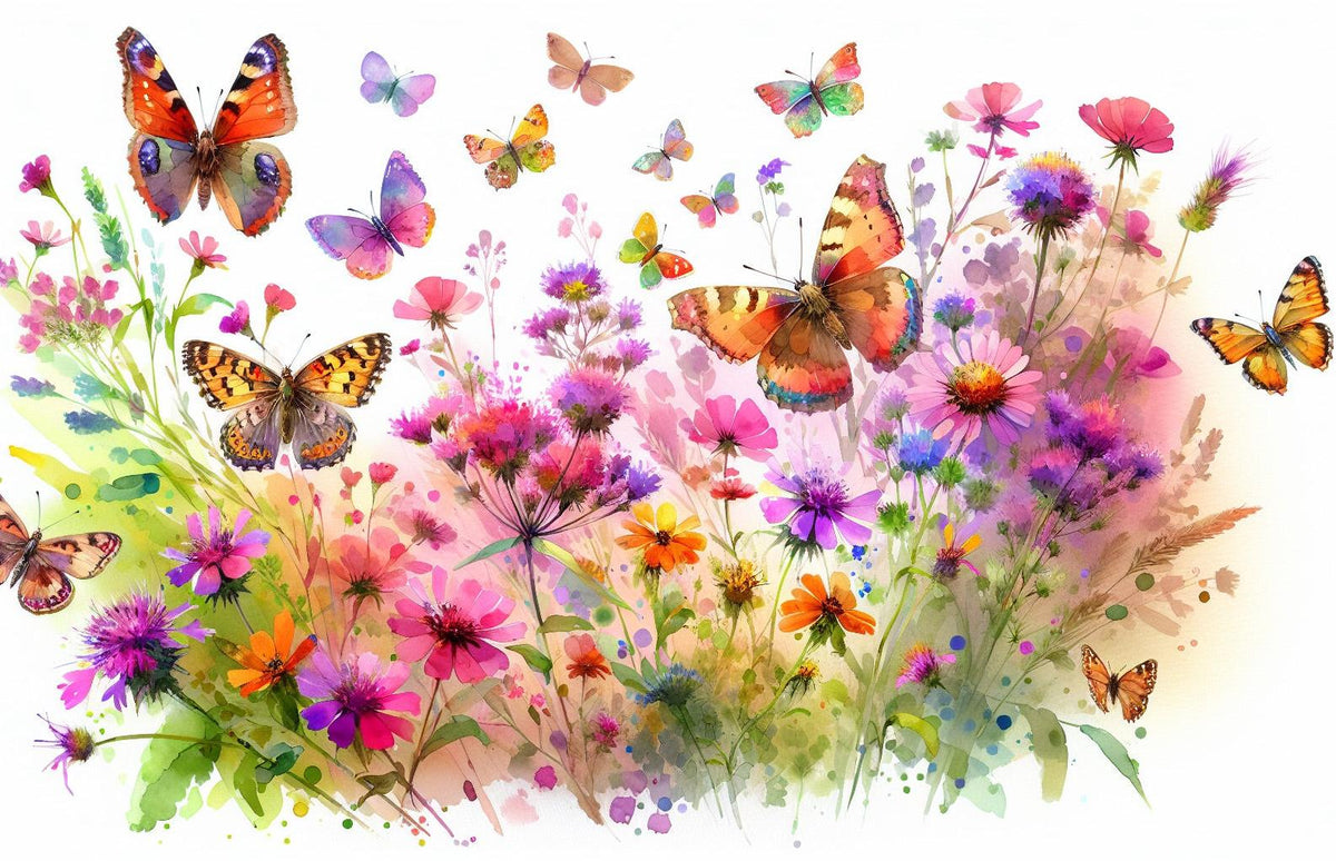Papier peint papillons fleurs des champs