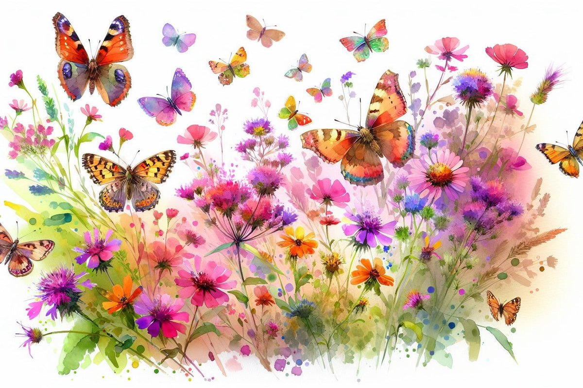 Papier peint papillons fleurs des champs