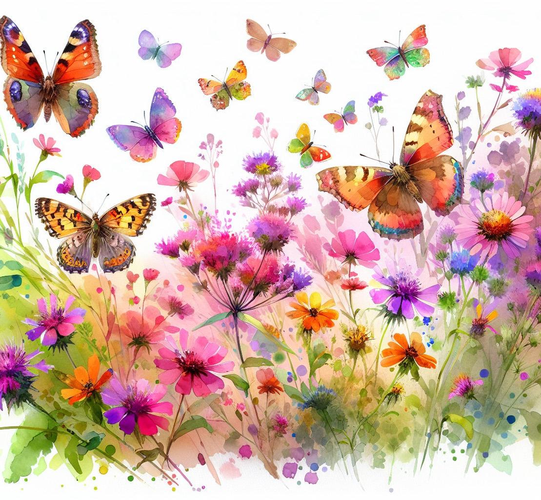 Papier peint papillons fleurs des champs