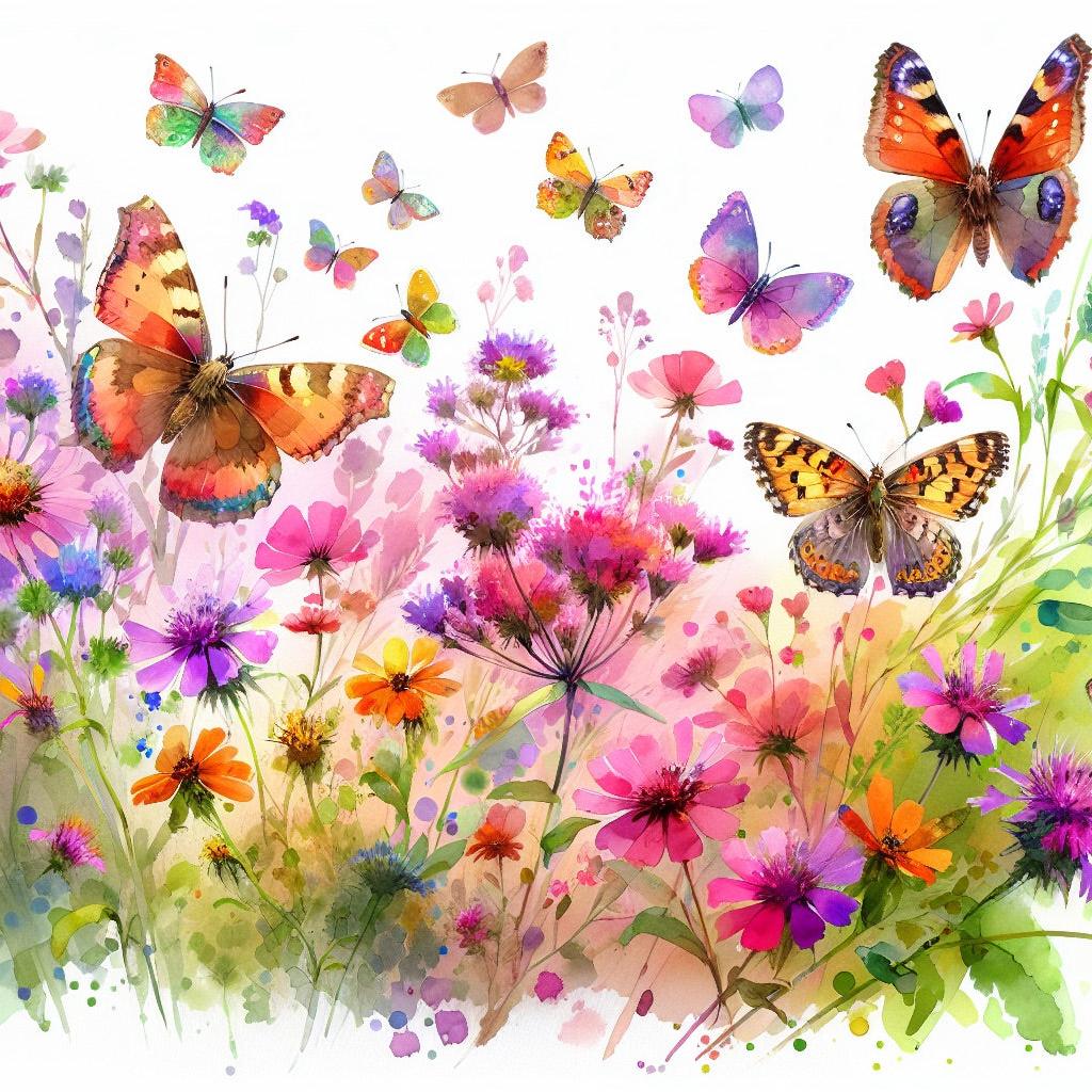 Papier peint papillons fleurs des champs