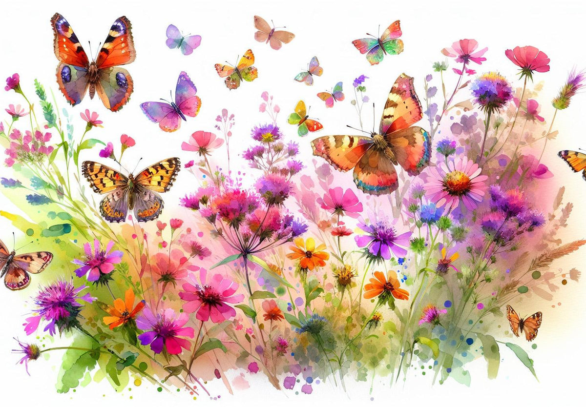Papier peint papillons fleurs des champs