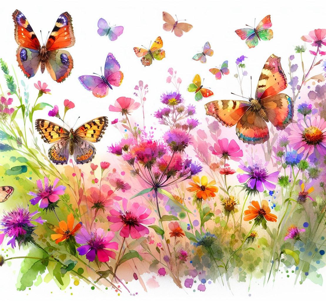 Papier peint papillons fleurs des champs