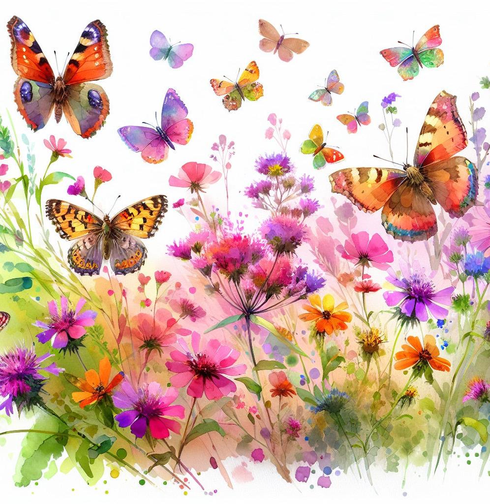Papier peint papillons fleurs des champs