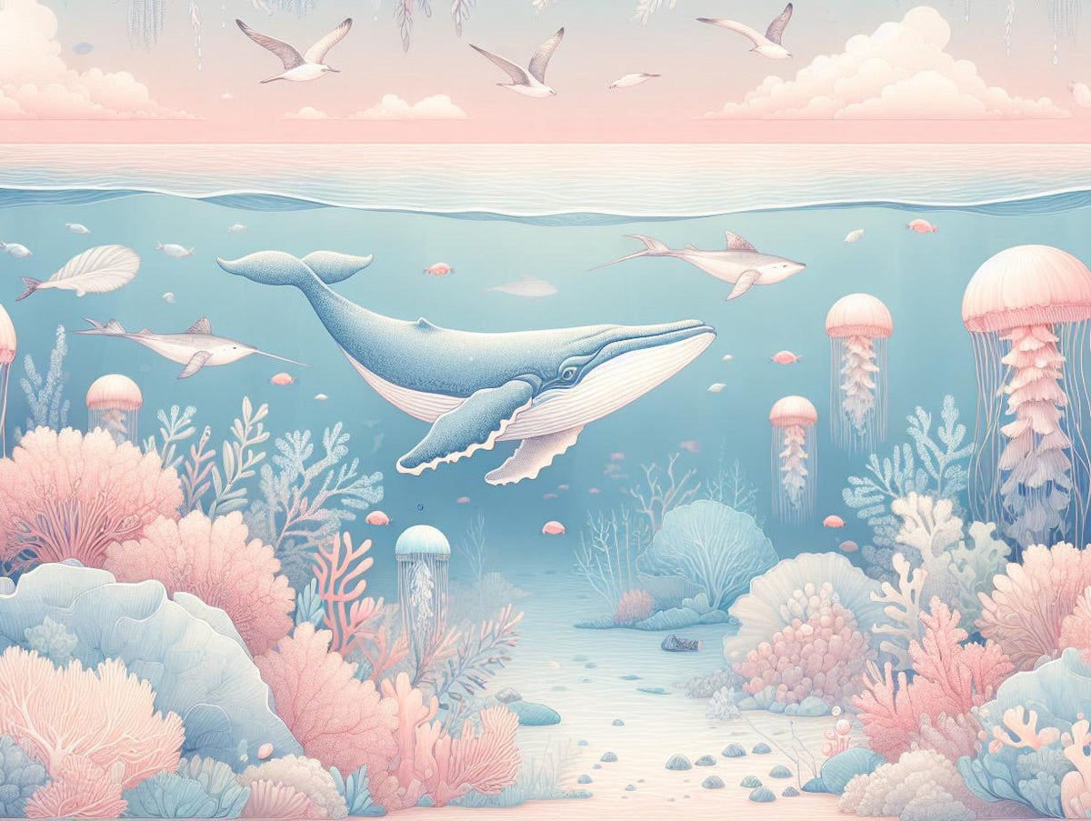 Papier peint marin méduses baleines et coraux