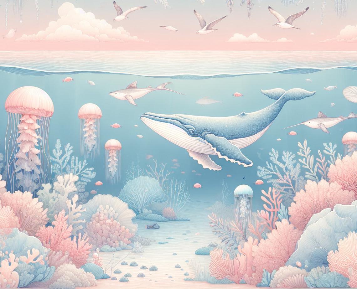 Papier peint marin méduses baleines et coraux