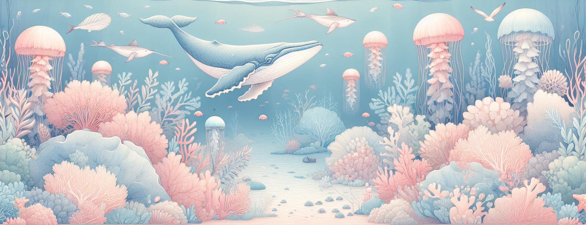 Papier peint marin méduses baleines et coraux