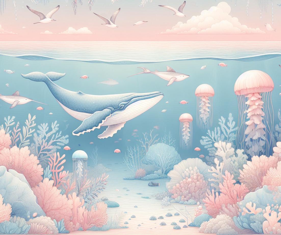 Papier peint marin méduses baleines et coraux