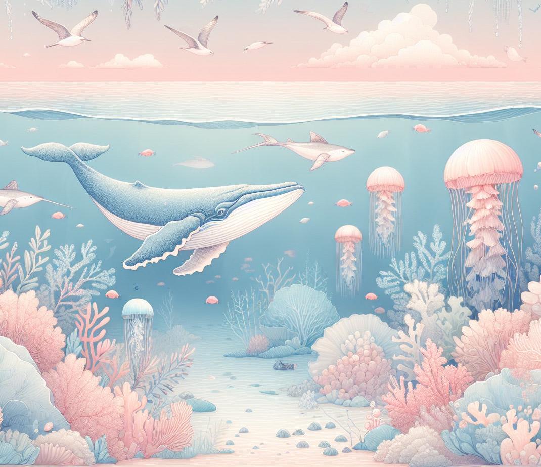 Papier peint marin méduses baleines et coraux