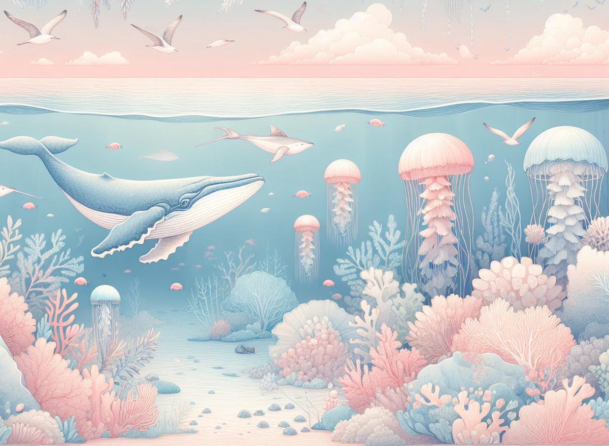 Papier peint marin méduses baleines et coraux