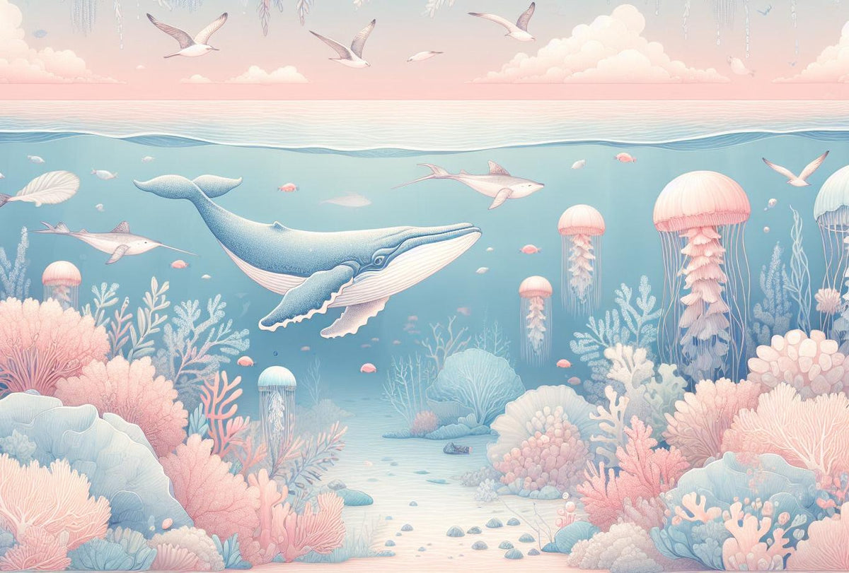 Papier peint marin méduses baleines et coraux