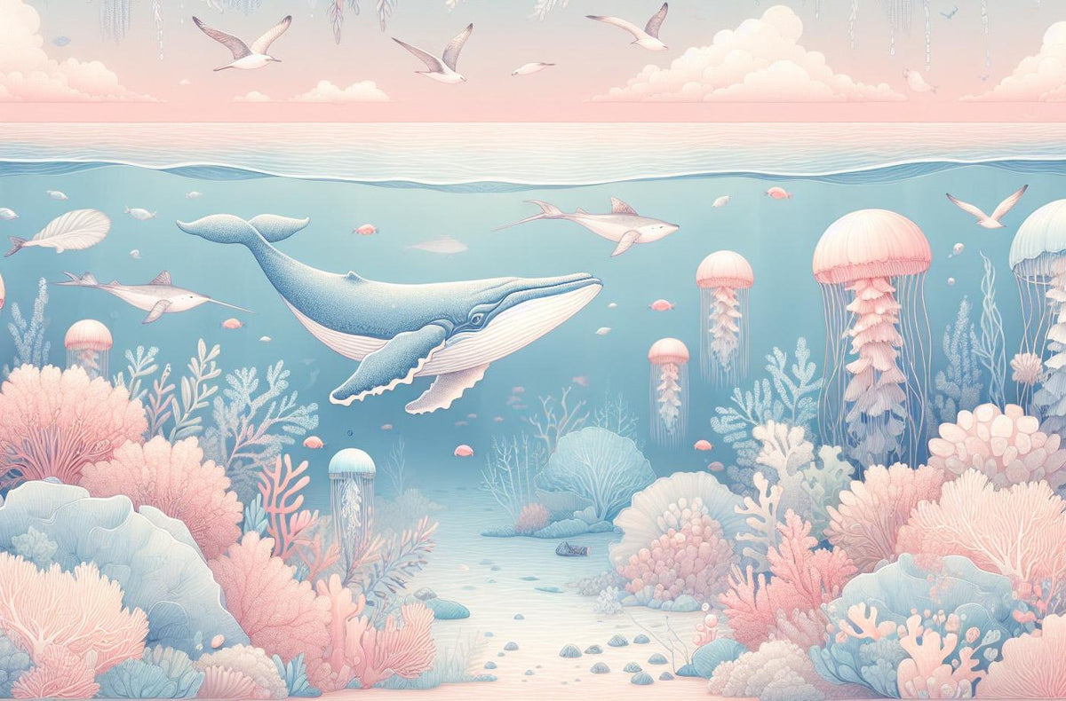 Papier peint marin méduses baleines et coraux