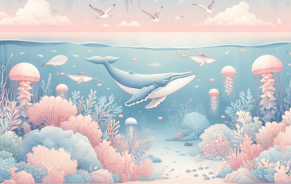 Papier peint marin méduses baleines et coraux