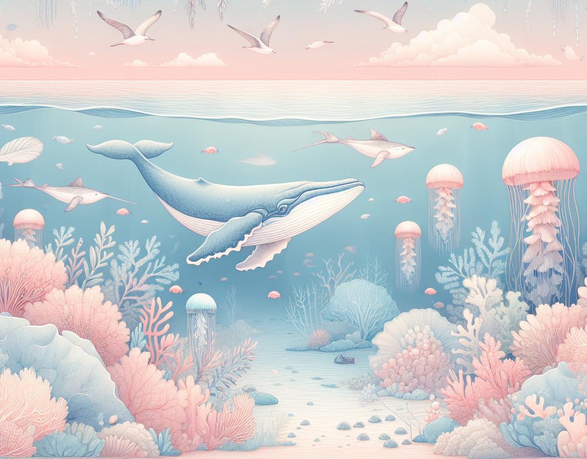 Papier peint marin méduses baleines et coraux