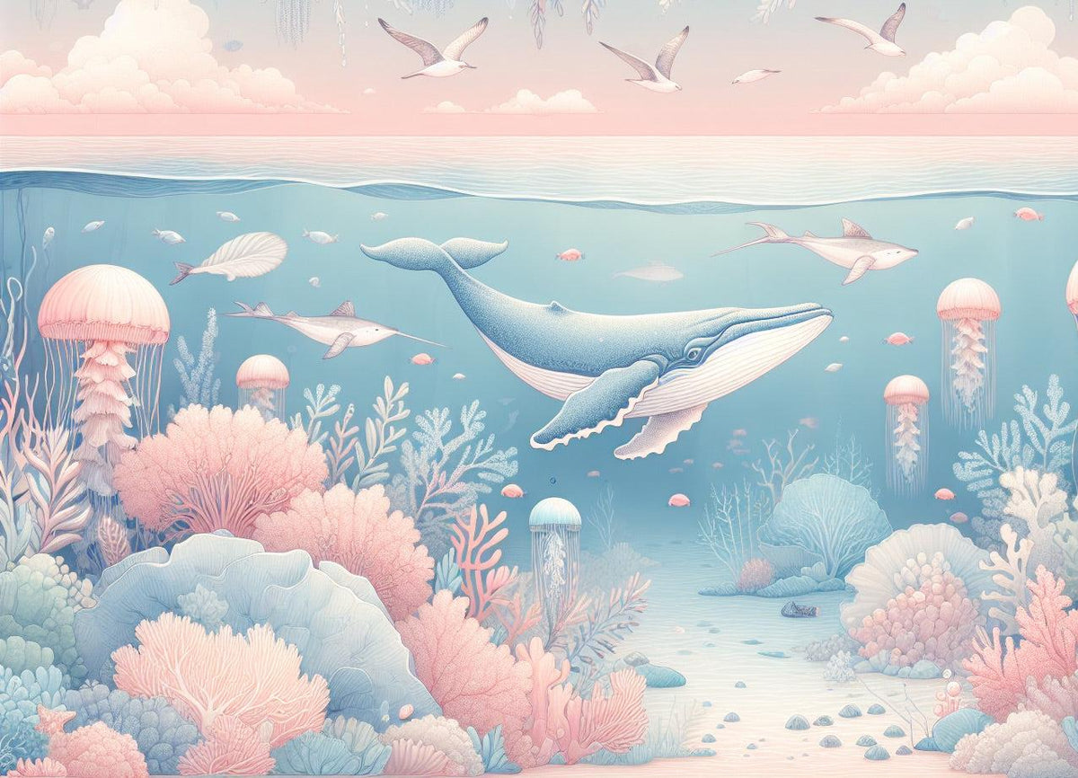 Papier peint marin méduses baleines et coraux