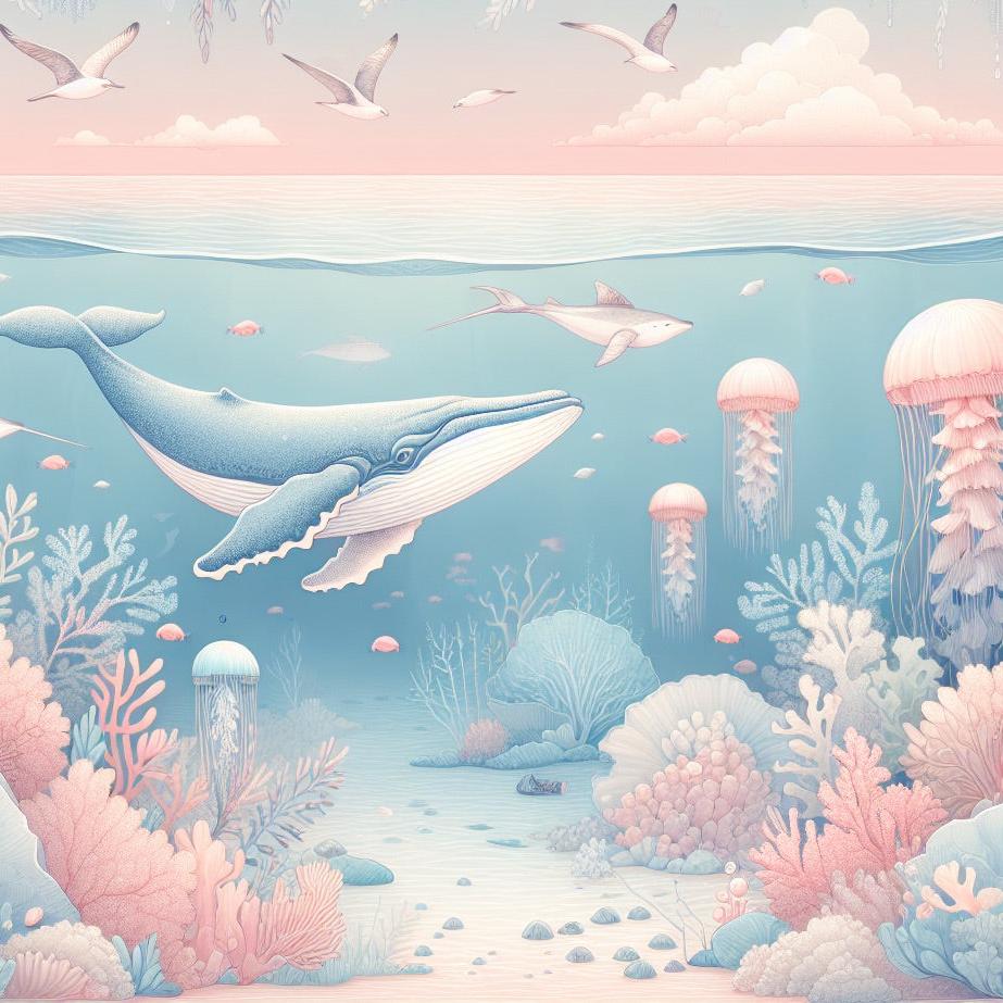 Papier peint marin méduses baleines et coraux
