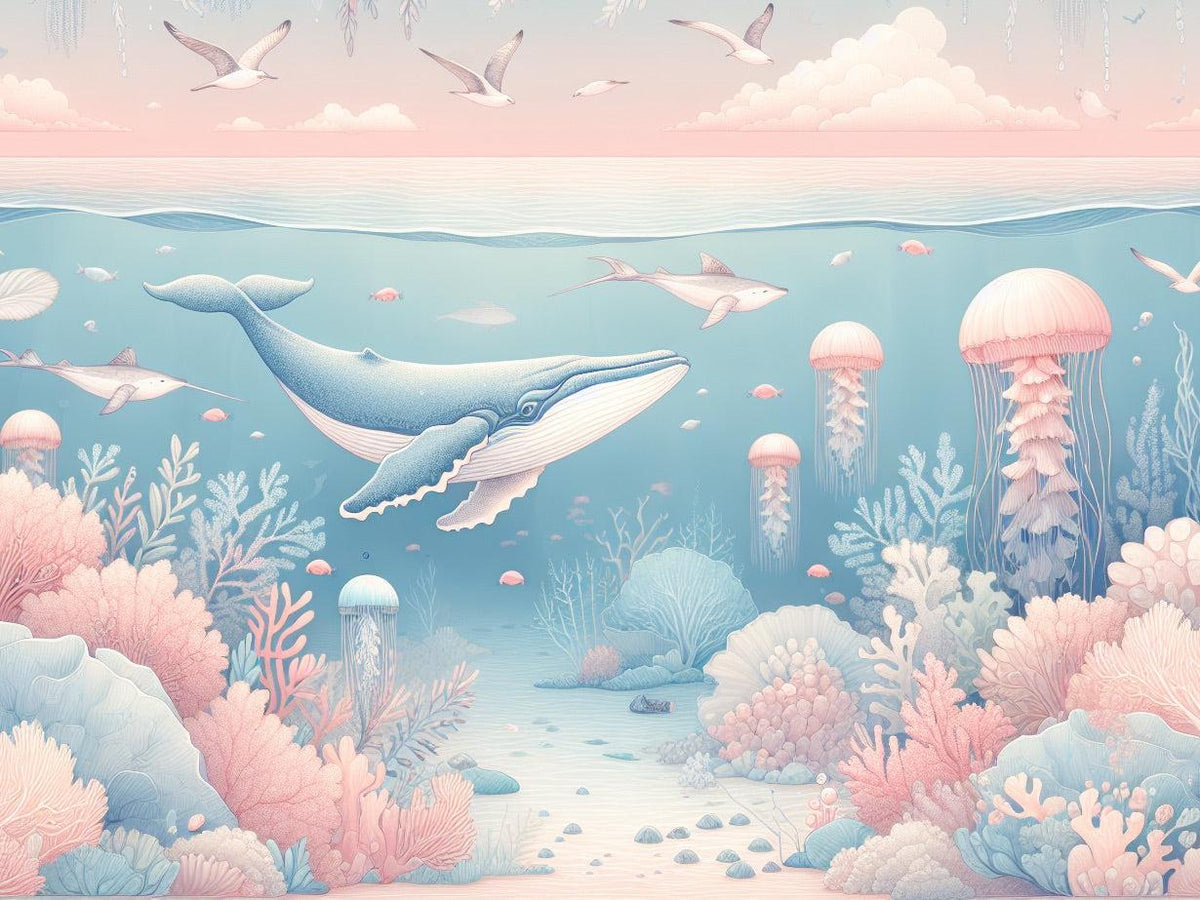 Papier peint marin méduses baleines et coraux