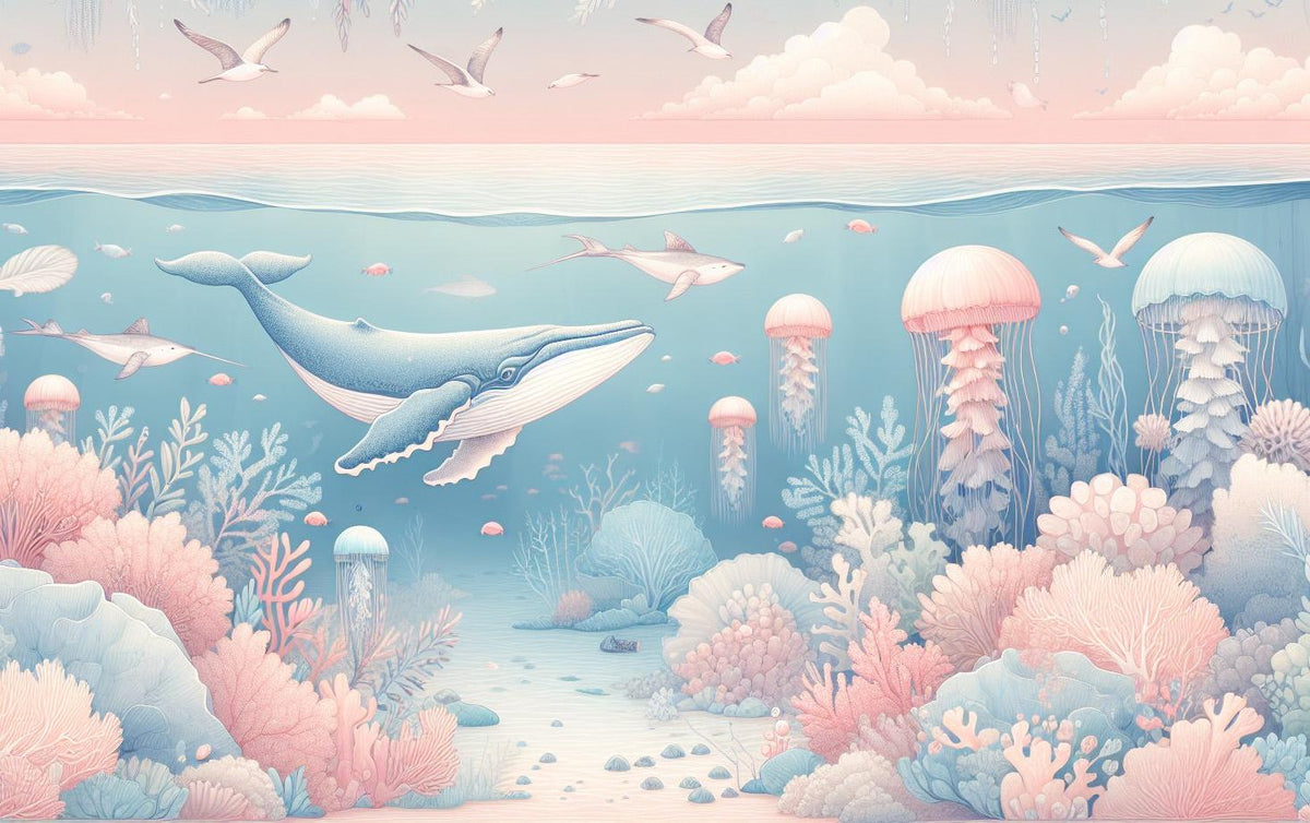 Papier peint marin méduses baleines et coraux