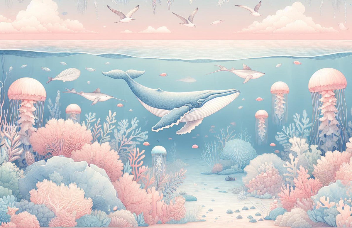 Papier peint marin méduses baleines et coraux