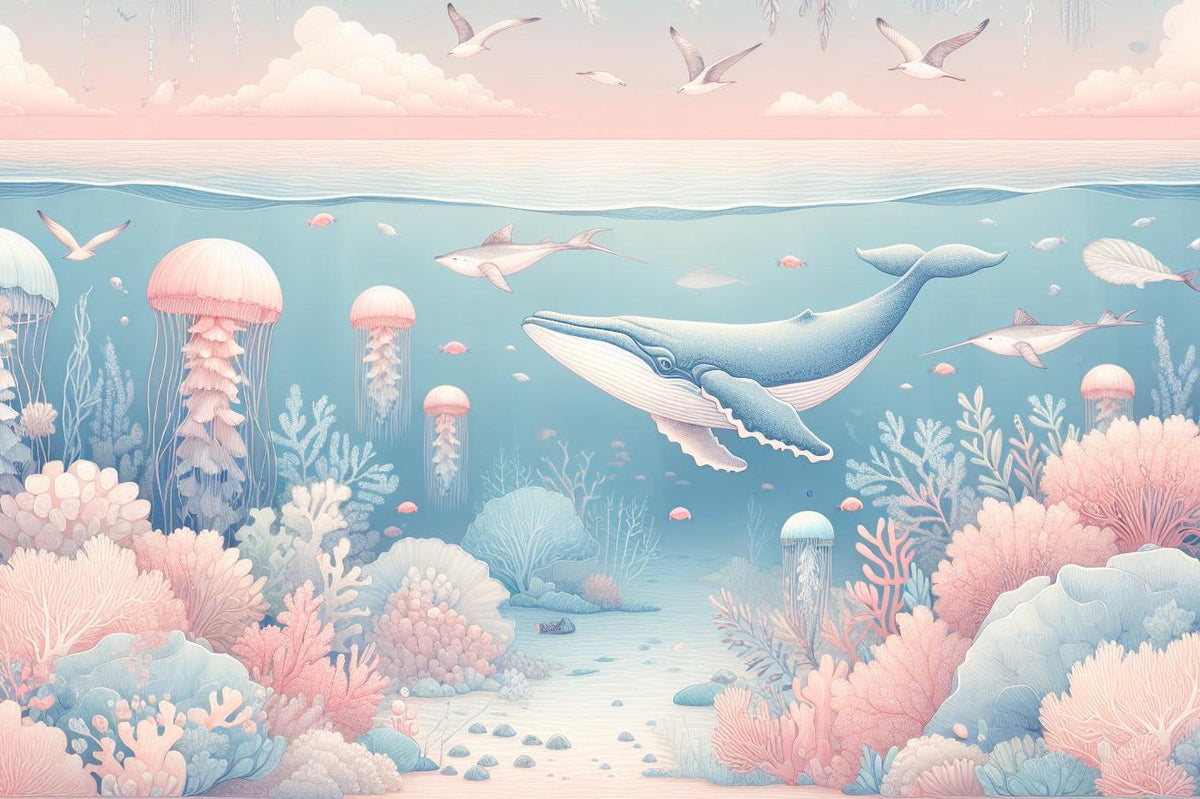 Papier peint marin méduses baleines et coraux