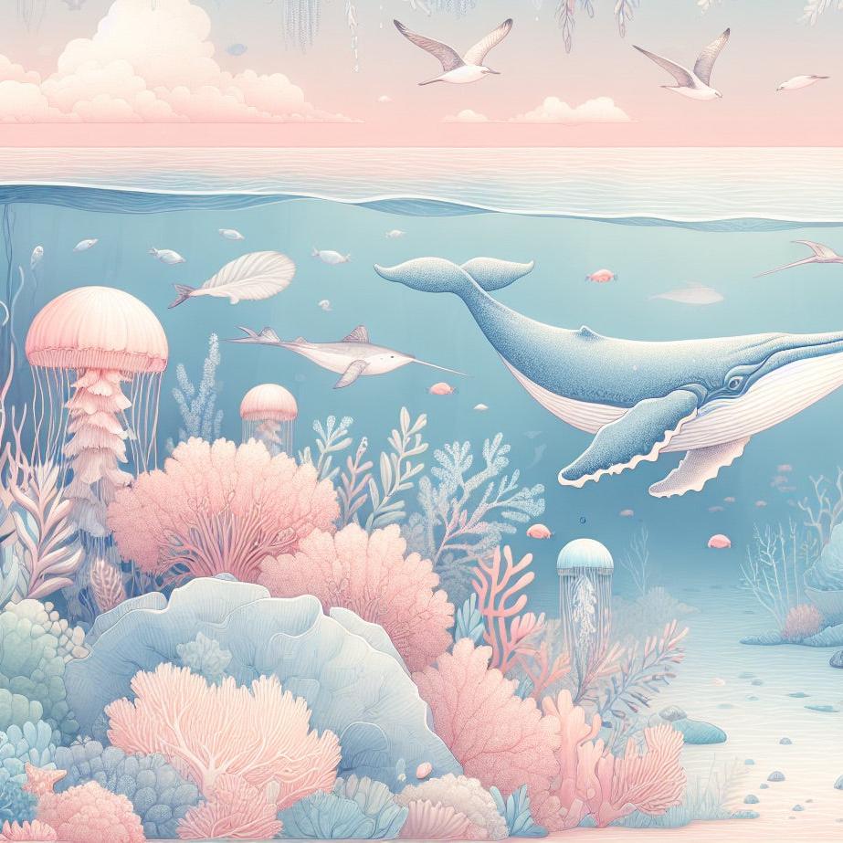 Papier peint marin méduses baleines et coraux