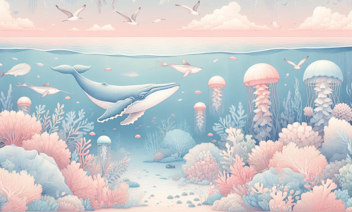 Papier peint marin méduses baleines et coraux