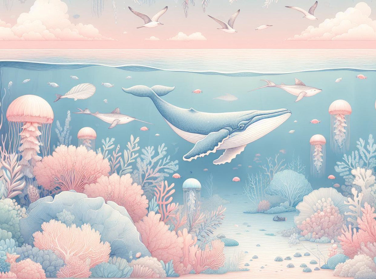 Papier peint marin méduses baleines et coraux