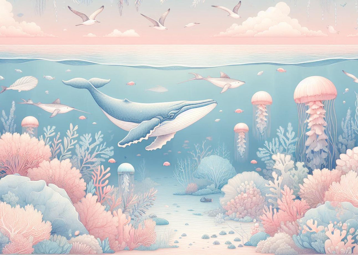 Papier peint marin méduses baleines et coraux
