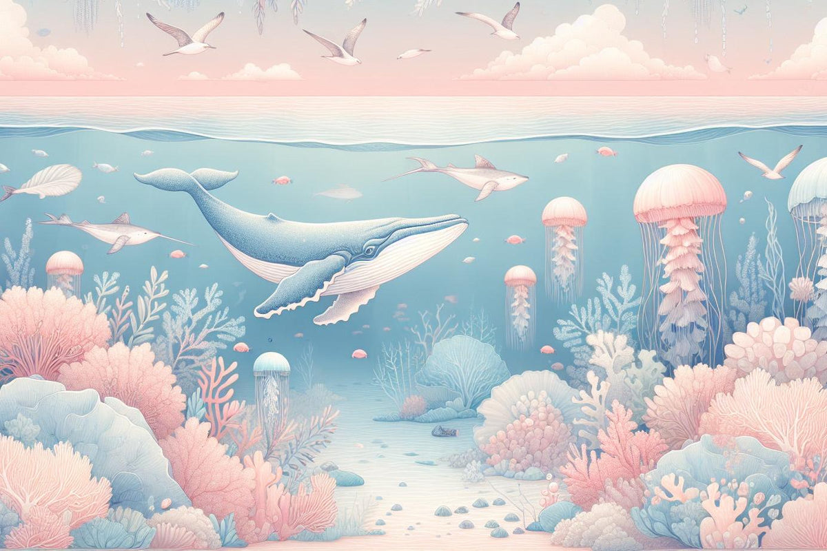 Papier peint marin méduses baleines et coraux