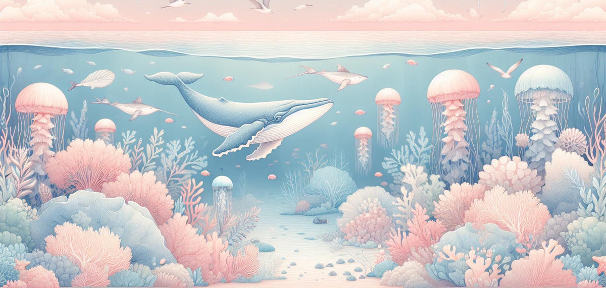 Papier peint marin méduses baleines et coraux