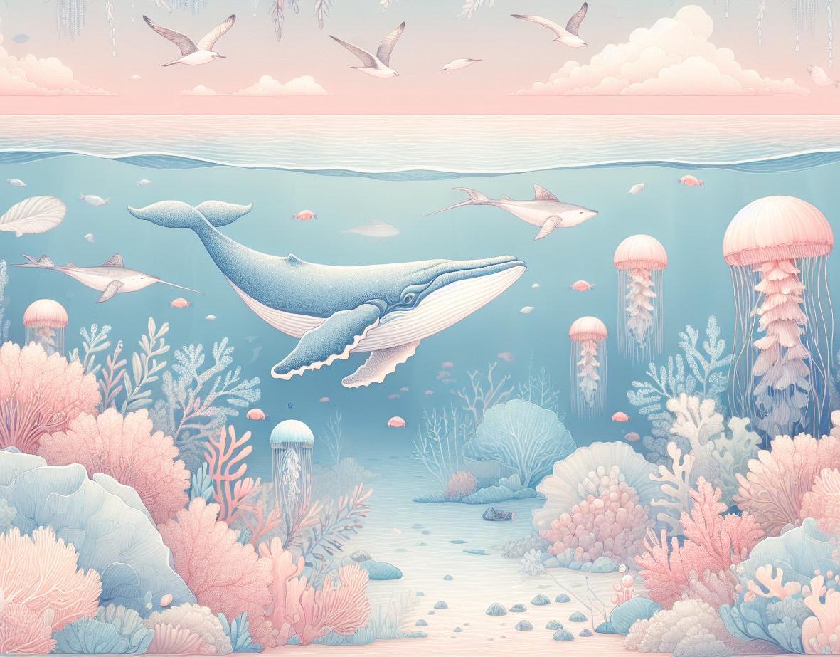 Papier peint marin méduses baleines et coraux