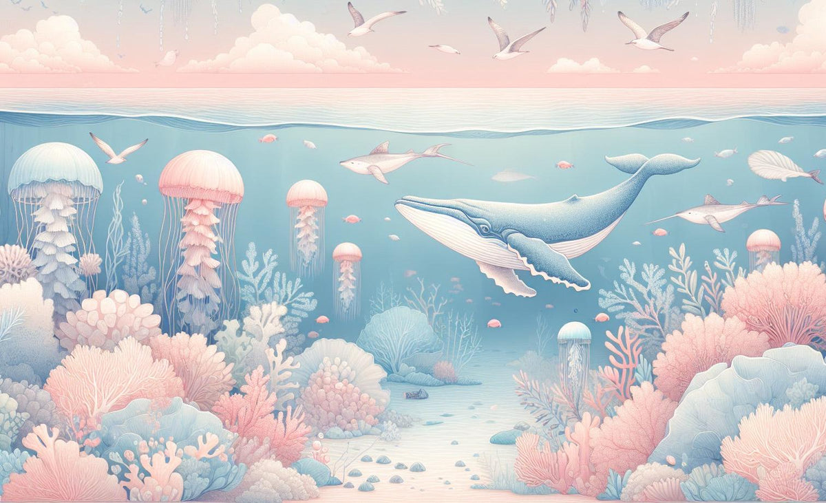 Papier peint marin méduses baleines et coraux