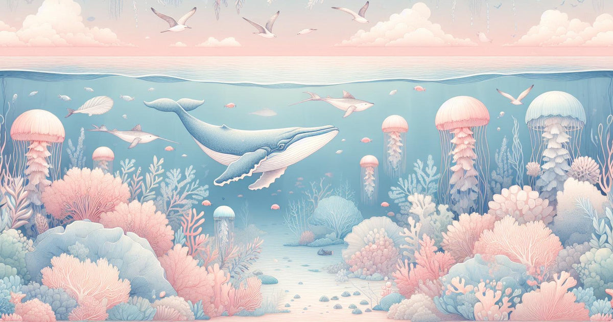 Papier peint marin méduses baleines et coraux