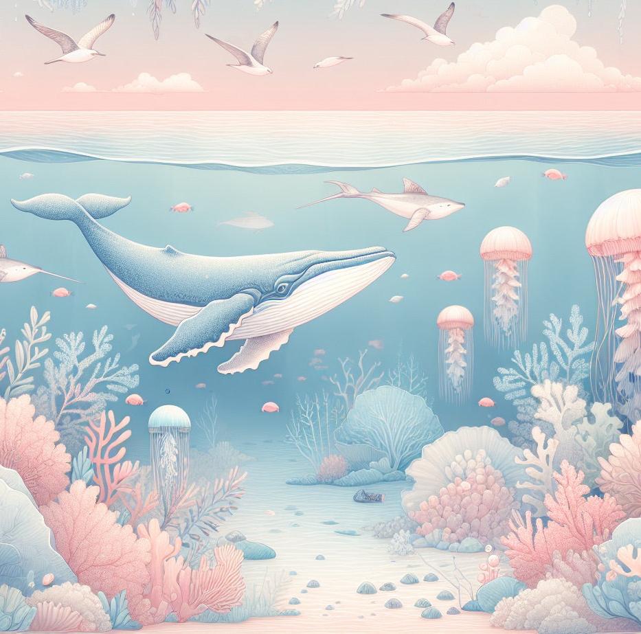 Papier peint marin méduses baleines et coraux