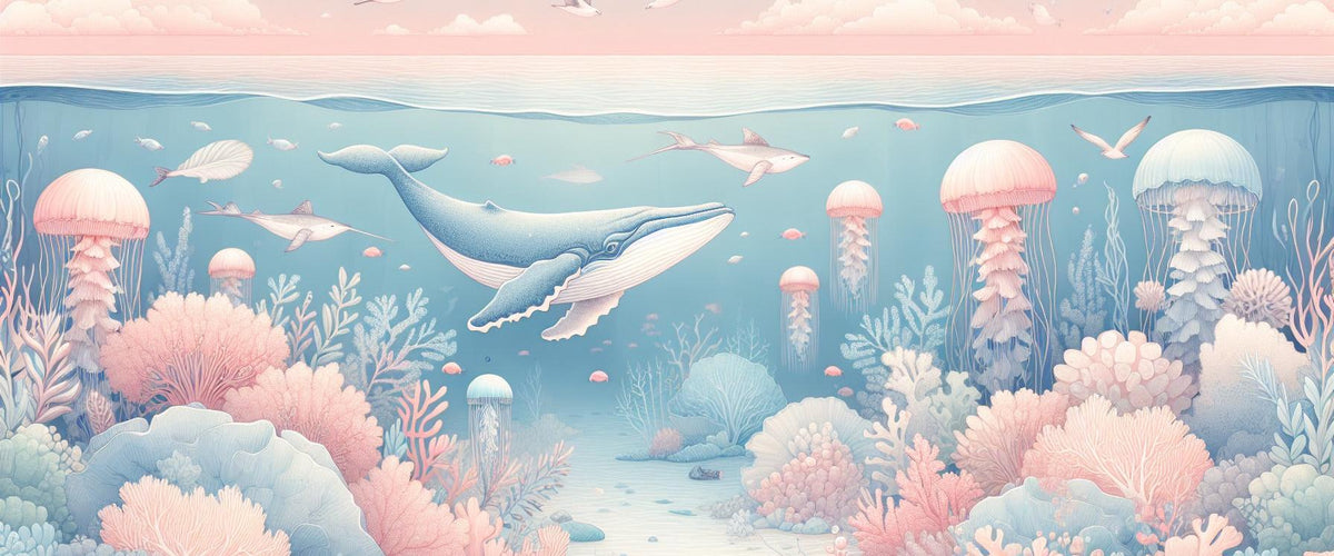 Papier peint marin méduses baleines et coraux