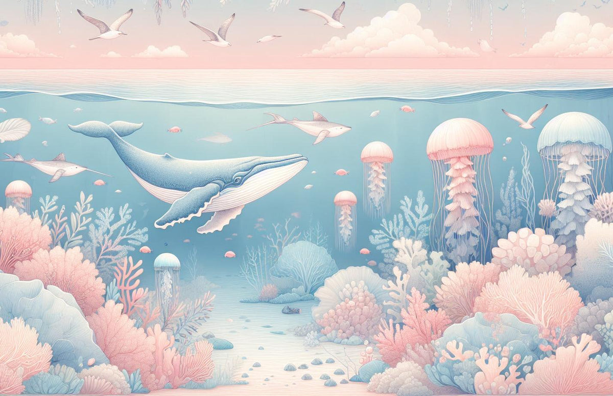 Papier peint marin méduses baleines et coraux