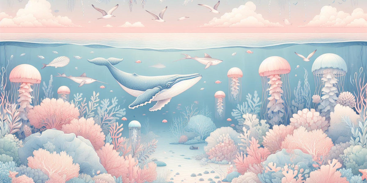 Papier peint marin méduses baleines et coraux