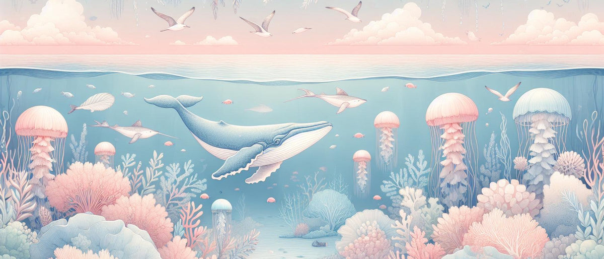 Papier peint marin méduses baleines et coraux