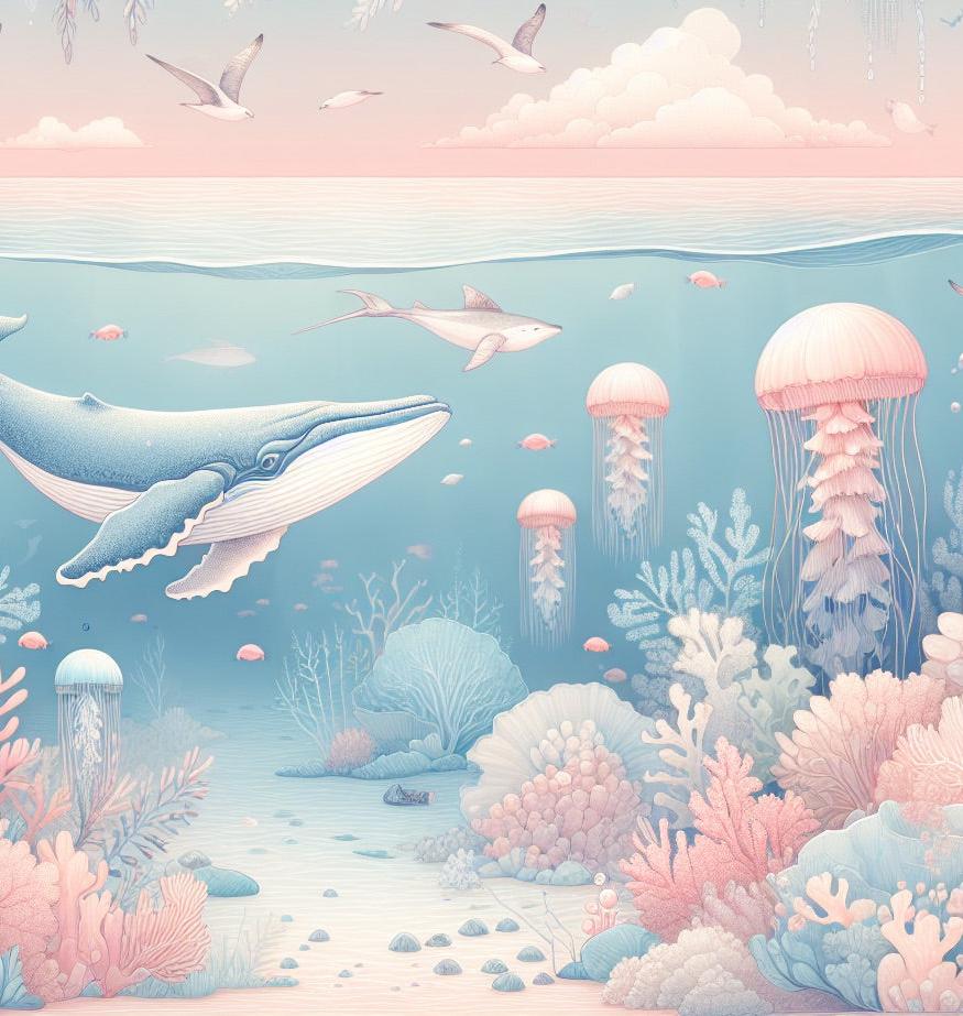 Papier peint marin méduses baleines et coraux